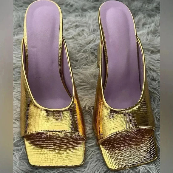 MGOLD SHOES METALLIC SHIMMER OPEN TOE MULE CHAIN FORMAL SEXY HEELS SIZE … - Picture 7 of 14